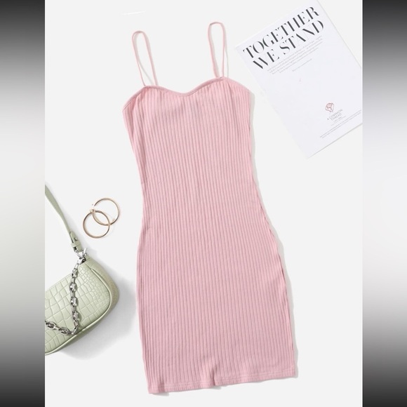 SHEIN Pink Ribbed Spaghetti Strap Bodycon Mini Dress Women’s Size Small - Picture 1 of 6